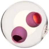 Glass sphere with two purple Bocci 28 pendants, red interiors, above white surface, reflective metallic finish, olive-green backdrop.